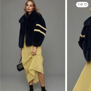 Anthropologie Navy Teddy Jacket with Pale Yellow Varsity Stripes